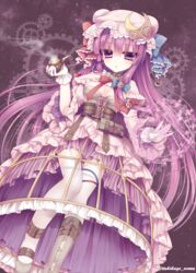  alternate_costume bad_id bad_pixiv_id breasts cleavage collar commentary_request crescent crescent_hat_ornament female garter_straps hat hat_ornament holding holding_smoking_pipe long_hair patchouli_knowledge purple_eyes purple_hair small_breasts smoking_pipe solo thighhighs touhou tsukikage_nemu 