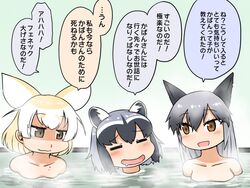  3girls :3 :d =_= animal_ears bathing black_hair blonde_hair blood blush brown_eyes closed_eyes closed_mouth collarbone commentary_request common_raccoon_(kemono_friends) extra_ears eyes_visible_through_hair fennec_(kemono_friends) fox_ears grey_hair hair_between_eyes kemono_friends long_hair looking_at_another medium_hair multicolored_hair multiple_girls nosebleed nude open_mouth paint.net_(medium) partially_submerged raccoon_ears same-sex_bathing shaded_face shared_bathing side-by-side silver_fox_(kemono_friends) smile steam toritora translation_request tsurime water white_hair 