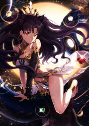  anklet argyle arm_warmers armlet backlighting bandeau bare_shoulders black_hair black_ribbon black_thighhighs breasts cleavage collarbone commentary_request crown earrings fate/grand_order fate_(series) female fingernails floating_hair full_body gem glint grin hair_ribbon heavenly_boat_maanna highres hoop_earrings ishtar_(fate) jam8686 jewelry light_trail long_hair long_legs looking_at_viewer medium_breasts navel pelvic_curtain planet red_eyes ribbon shiny_skin single_arm_warmer single_sleeve single_thighhigh smile solo space sparkle star_(sky) sun thighhighs two_side_up weapon 