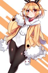  :&lt; animal_ears animal_slippers black_pantyhose blonde_hair blush bow bowtie bunny_slippers coat commentary covered_navel disgaea earmuffs female fur-trimmed_coat fur-trimmed_jacket fur-trimmed_sleeves fur_trim hood hood_down jacket leg_up leotard long_sleeves makai_senki_disgaea_5 osiimi pantyhose rabbit rabbit_earmuffs rabbit_ears rabbit_tail red_bow red_bowtie red_eyes scarf short_eyebrows short_hair sleeves_past_wrists slippers solo tail thick_eyebrows usalia_(disgaea) white_leotard white_scarf yellow_background yellow_coat yellow_jacket 