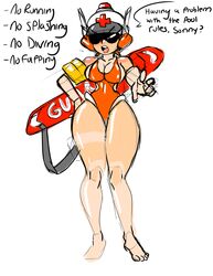  armor big_breasts breasts cleavage clothed clothing english_text eyewear female headgear helmet hi_res lifeguard looking_at_viewer machine mighty_switch_force! not_furry patricia_wagon robot solo sunglasses swimwear text thick_thighs wayforward wide_hips 