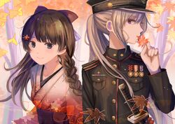  2girls absurdres autumn_leaves black_coat black_hair black_hat blue_eyes blurry blush bow braid breast_pocket breasts buttons closed_mouth coat commentary_request depth_of_field epaulettes eyelashes flower gradient grey_hair hair_flower hair_ornament hairbow hairclip hat highres higuchi_kaede higuchi_kaede_(8th_costume) holding holding_leaf ibuki_(ibuki0118) japanese_clothes katana kimono leaf long_hair long_sleeves looking_at_viewer looking_to_the_side maple_leaf medal military military_uniform mole mole_under_eye multiple_girls nijisanji obi peaked_cap pocket ponytail profile purple_eyes red_bow red_flower red_kimono sash seigaiha sheath sheathed sidelocks single_braid small_breasts smile sword tsukino_mito tsukino_mito_(4th_costume) uniform upper_body virtual_youtuber weapon 