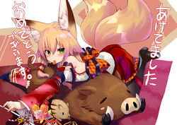  animal_ears blonde_hair blush boots green_eyes haik japanese_clothes kokonoe_tsubaki long_hair miko multiple_tails original pantyhose skirt tail 