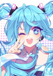  absurdres bare_shoulders blue_eyes blue_hair collared_shirt commentary english_commentary female hair_between_eyes hair_ornament hatsune_miku highres long_hair looking_at_viewer murmoruno one_eye_closed open_mouth shirt smile solo twintails upper_body vocaloid 