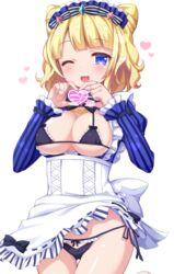  ;d apron black_bra black_panties blonde_hair blue_eyes blush bra breasts breasts_out commentary_request cone_hair_bun female hair_bun heart heart_hands long_sleeves looking_at_viewer maid maid_headdress medium_breasts minami_mirei one_eye_closed open_mouth panties pretty_series pripara short_hair side-tie_panties simple_background smile solo striped tiger_rmn underwear vertical_stripes white_background 