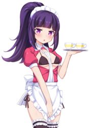  :o apron black_bra black_thighhighs blunt_bangs blush bra breasts breasts_out commentary_request cup female hanazono_shuka highres idol_time_pripara looking_at_viewer maid maid_headdress panties pink_eyes ponytail pretty_series pripara purple_hair short_hair short_sleeves side-tie_panties simple_background small_breasts solo teacup thighhighs tiger_rmn underwear white_background 