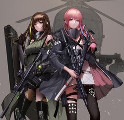  aircraft ar-15 arm_guards armband armor assault_rifle bangs black_cloak black_eyes black_gloves black_hair blonde_hair braid breasts closed_mouth clothes_around_waist commentary detached_sleeves dress dual_wielding expressionless eyebrows_visible_through_hair floating_hair gas_mask girls_frontline gloves gun hair_between_eyes hair_ornament headgear headphones helicopter highres holding holding_gun holding_strap holding_weapon holster jacket jacket_around_waist light_particles logo long_hair long_sleeves looking_at_viewer m4_carbine m4a1_(girls_frontline) magpul medium_breasts mod3_(girls_frontline) monaim multicolored_hair multiple_girls outdoors parted_lips pink_eyes pink_hair ponytail ribbed_legwear ribbed_sweater ribbon rifle scarf sidelocks single_thighhigh smile st_ar-15_(girls_frontline) standing streaked_hair sweater sweater_vest tactical_clothes thigh_holster thigh_strap thighhighs thighs torn_clothes trigger_discipline very_long_hair weapon weapon_case white_hair 