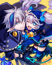  1boy 2015 ;d ascot belt bishounen blue_hair blue_horns blue_nails blue_shorts blue_thighhighs chiliarch_(elsword) ciel_(elsword) coat commentary_request copyright_name dreadlord_(elsword) earrings elsword female gloves hand_on_own_hip hood horns jacket jacket_on_shoulders jewelry long_hair luciela_r._sourcream multicolored_hair nail_polish one_eye_closed open_mouth pants partially_fingerless_gloves photoshop_(medium) pointy_ears shoes shorts sin_(btc86amme) smile streaked_hair symbol-shaped_pupils thighhighs twintails two-tone_hair v white_hair yellow_background 