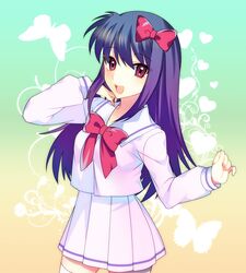  ageha_(kyoukai_no_rinne) breasts butterfly female heart kyoukai_no_rinne long_hair open_mouth purple_eyes purple_hair ribbon skirt thighhighs 