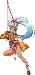  bangs bare_shoulders blue_eyes blue_hair blunt_bangs bow_(weapon) dark_skin from_behind full_body hair_ornament holding holding_bow_(weapon) holding_weapon long_hair official_art oshiro_project oshiro_project_re ponytail solo takatsu_keita tongue tongue_out transparent_background urasoe_(oshiro_project) weapon 