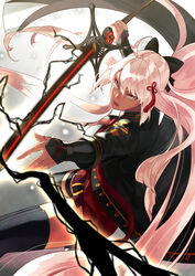  ahoge akamiso_(k074510) black_bow bow commentary dark-skinned_female dark_skin fate/grand_order fate_(series) female grey_eyes hair_between_eyes hair_ornament hairbow holding holding_sword holding_weapon katana long_hair looking_at_viewer okita_souji_(fate) okita_souji_alter_(fate) open_mouth pink_hair solo sword thighhighs very_long_hair weapon 