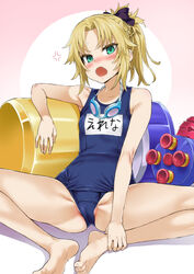  :o anger_vein arm_up asanagi bare_legs barefoot blonde_hair blue_one-piece_swimsuit blush bow braid cameltoe commentary_request cosplay fate/grand_order fate_(series) feet female flat_chest goggles goggles_around_neck green_eyes hair_ribbon hairbow helena_blavatsky_(fate) helena_blavatsky_(swimsuit_archer)_(fate) helena_blavatsky_(swimsuit_archer)_(fate)_(cosplay) helena_blavatsky_(swimsuit_archer)_(first_ascension)_(fate) highres long_hair looking_at_viewer mordred_(fate) mordred_(fate/apocrypha) name_tag oerba_yun_fang old_school_swimsuit one-piece_swimsuit open_mouth parted_bangs ponytail ribbon school_swimsuit simple_background sitting soles solo spread_legs sweat swimsuit v-shaped_eyebrows 