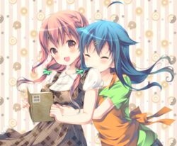  2girls :3 :d ^_^ ahoge apron blue_hair blush book brown_eyes brown_hair closed_eyes commentary_request doughnut dress food green_scrunchie green_shirt hair_flaps hair_ornament hairpin hinako_note holding holding_book hug hug_from_behind long_hair looking_at_viewer low_twintails march-bunny multiple_girls natsukawa_kuina open_book open_mouth orange_apron plaid plaid_dress sakuragi_hinako scrunchie shirt short_sleeves smile striped striped_background twintails upper_body vertical_stripes 