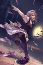  action apron black_dress braid commentary_request dress female grey_hair hidebo highres izayoi_sakuya knife maid maid_headdress mary_janes purple_eyes shirt shoes solo thighhighs throwing_knife touhou twin_braids waist_apron weapon 