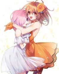  2girls :d bare_arms bare_shoulders blue_flower blush brown_legwear chaldea_logo choker commentary_request cowboy_shot dress fate/grand_order fate_(series) floating_hair flower fujimaru_ritsuka_(female) fujimaru_ritsuka_(female)_(starlight_fest) gloves hair_between_eyes hair_flower hair_ornament hair_over_one_eye highres hug long_hair mash_kyrielight mash_kyrielight_(formal_dress) multiple_girls oerba_yun_fang official_alternate_costume open_mouth orange_choker orange_dress orange_eyes orange_flower orange_gloves orange_hair pantyhose pink_flower pink_hair purple_eyes red_flower red_rose rose sakurai_(poyo) short_dress short_hair simple_background skin_fang sleeveless sleeveless_dress smile standing strapless strapless_dress white_background white_dress white_gloves 