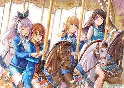  4girls ahoge amusement_park animal_ear_headphones animal_ear_legwear animal_ears ann_(krt_girls) black_hair blue_necktie blush breasts brown_hair carousel closed_eyes commentary_request emilia_(krt_girls) facing_another fake_animal_ears green_eyes hair_ornament hairclip hand_grab headphones high_ponytail himonoata krt_girls large_breasts long_hair long_sleeves low_twintails multiple_girls multiple_riders nana_(krt_girls) necktie oerba_yun_fang official_art one_side_up open_mouth ponytail purple_eyes rabbit_ear_headphones rabbit_ear_legwear short_hair silver_hair smile striped striped_necktie sweat sweatdrop twintails xiao_qiong 