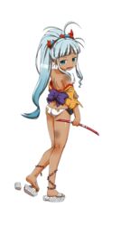  ass bangs bare_shoulders blue_eyes blue_hair blunt_bangs bow_(weapon) broken broken_weapon from_behind full_body hair_ornament holding holding_bow_(weapon) holding_weapon long_hair oerba_yun_fang official_art open_mouth oshiro_project oshiro_project_re panties ponytail solo takatsu_keita tearing_up torn_clothes torn_panties transparent_background underwear urasoe_(oshiro_project) weapon 