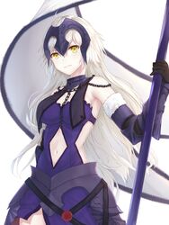  ahoge armor armored_dress banner black_gloves blue_dress breasts chains choker cleavage clothing_cutout commentary_request dress elbow_gloves fate/grand_order fate_(series) female floating_hair fur_trim gloves highres holding holding_weapon jeanne_d&#039;arc_alter_(avenger)_(fate) jeanne_d&#039;arc_alter_(avenger)_(third_ascension)_(fate) jeanne_d&#039;arc_alter_(fate) long_hair medium_breasts navel navel_cutout partial_commentary reuri_(tjux4555) sideboob simple_background sleeveless sleeveless_dress smile solo standing stomach very_long_hair weapon white_background white_hair yellow_eyes 