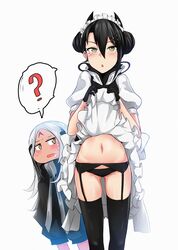  2girls :o ? agent_(girls&#039;_frontline) black_gloves black_hair black_panties black_thighhighs blush clothes_lift commentary_request double_bun dress dress_lift drooling elisa_(girls&#039;_frontline) facial_mark forehead_mark frilled_dress frills garter_belt girls&#039;_frontline gloves grey_eyes hair_between_eyes hair_bun hair_ornament hairclip highres horns long_hair looking_at_another looking_at_viewer maid maid_headdress multiple_girls navel panties puffy_short_sleeves puffy_sleeves sangvis_ferri short_sleeves spoken_question_mark sweat thighhighs underwear white_hair yellowseeds 