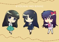  3girls black_hair blue_eyes blush breasts brown_background copyright_name dress glasses green_eyes hair_ornament kyoukai_no_rinne long_hair open_mouth purple_eyes purple_hair ribbon sakaki_ayame shima_renge shoes skirt socks thighhighs 