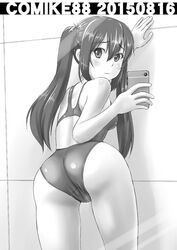  ass cellphone commentary_request competition_swimsuit female from_behind greyscale highres looking_back monochrome one-piece_swimsuit original phone racerback solo swimsuit tk4 