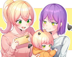  3girls absurdres alternate_costume baby baby_carry blonde_hair blush breasts carrying cellphone child_carry commentary couple demon_tail family gradient_hair green_eyes high_ponytail highres holding holding_baby holding_phone hololive if_they_mated ips_cells lolicon long_hair momosuzu_nene mother_and_daughter multicolored_hair multiple_girls okome_0628 open_mouth original phone pink_hair purple_hair shirt short_hair sidelocks smartphone smile tail tokoyami_towa virtual_youtuber wife_and_wife yuri 