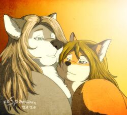  2020 anthro artist_name blonde_hair blue_eyes brown_eyes brown_hair canid canine canis digital_media_(artwork) duo female fox fur grey_body grey_fur hair mammal michelle_(xxsparcoxx) multicolored_body multicolored_fur orange_body orange_fur sophia_(xxsparcoxx) two_tone_body two_tone_fur white_body white_fur wolf xxsparcoxx 