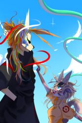  2:3 absurd_res animal_mask anthro blue_eyes clothed clothing cloud duo felid female fox_mask hair hi_res human kara long_hair looking_at_another male mammal mask open_mouth raised_arm reven seveh shaded size_difference sky 