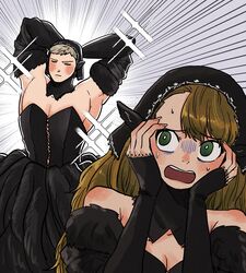  1boy arms_behind_head arms_up bags_under_eyes bare_shoulders black_corset black_dress black_hood blonde_hair breasts bright_pupils cleavage closed_eyes commentary_request corset cosplay crossdressing detached_hood detached_sleeves dress dungeon_meshi ear_covers elf emphasis_lines female fur-trimmed_sleeves fur_trim green_eyes hands_on_own_cheeks hands_on_own_face highres horrified janbanclear jojo_pose korean_commentary laios_touden long_hair looking_to_the_side marcille_donato marcille_donato_(cosplay) marcille_donato_(lord) matching_outfits muscular muscular_male official_alternate_costume pectoral_cleavage pectorals pointy_ears sparkle spoilers sweatdrop white_pupils 