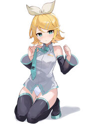  :| @_@ absurdres bare_shoulders black_footwear black_sleeves blonde_hair blush boots bow bow_hairband breasts closed_mouth collared_shirt commentary cosplay detached_sleeves embarrassed female green_eyes green_necktie grey_shirt hair_between_eyes hair_ornament hair_ribbon hairband hairclip hands_up hatsune_miku hatsune_miku_(cosplay) highres kagamine_rin kneehighs looking_at_viewer necktie no_pants panties rakugaki_ningen ribbon see-through see-through_sleeves shadow shirt short_hair simple_background sleeveless sleeveless_shirt small_breasts socks solo thigh_boots tie_clip underwear vocaloid white_background white_bow white_hairband white_panties wide_sleeves 