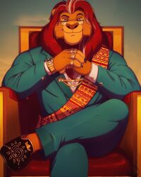  anthro chair clock clothed clothing disney eyewear felid fully_clothed furniture glasses hi_res knuxlight lion male mammal mane mufasa pantherine sash sitting smile solo suit the_lion_king watch 