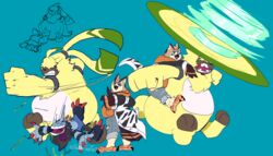  angoramon anthro avian bandai_namco beak belt bird blue_eyes brown_body brown_feathers carrying_another digimon digimon_(species) dracmon feathers flying fur group hair hair_over_eyes helicopter_ears hi_res male owl piggyback punch tatertottoto trio yellow_body yellow_fur 