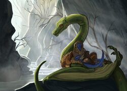  anthro broghild_(homm) claws dragon drawing european_mythology feral fur_cloak heroes_of_might_and_magic_3 hi_res lying_on_another male mythological_creature mythological_scalie mythology painting_(artwork) plant ponynok red_eyes scales scalie swamp tail traditional_media_(artwork) tree waterfall western_dragon wyvern yellow_eyes 