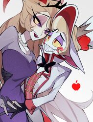  1boy absurdres blonde_hair demon demon_boy demon_girl demon_horns dress female hazbin_hotel highres horns husband_and_wife lilith_(hazbin_hotel) lucifer_morningstar_(hazbin_hotel) simple_background siomeronpan17 white_background 