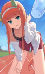  absurdres animal_ears aqua_eyes bare_shoulders black_sports_bra blue_eyes bottle breasts chisaku commentary_request ear_covers female hairband hand_on_own_thigh highres hime_cut horse_ears horse_girl horse_tail jacket jacket_partially_removed long_hair long_sleeves orange_hair outdoors red_shorts running_track shorts silence_suzuka_(umamusume) small_breasts smile solo_focus sports_bra sweat tail umamusume water_bottle white_hairband white_jacket 