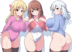  3girls amogan arm_behind_back blonde_hair blue_leotard blush bow breasts brown_eyes cleavage closed_mouth collarbone commentary_request commission covered_navel cowboy_shot girlfriend_(kari) hair_between_eyes hairbow head_tilt highres leaning_forward leotard long_hair long_sleeves looking_at_viewer looking_to_the_side multiple_girls murakami_fumio pink_leotard pixiv_commission red_bow red_eyes red_leotard sasahara_nonoka shadow shiina_kokomi simple_background split_mouth standing sweatdrop thick_thighs thighhighs thighs white_background white_hair 