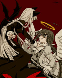  2girls alela_grora_(funamusea) angel ater_(funamusea) ava_(vagodieter) black_dress demon demon_girl dress funamusea highres long_hair looking_at_another looking_at_viewer multiple_girls strangling very_long_hair white_hair 