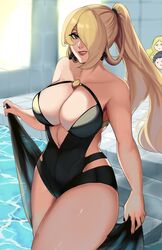  3girls bare_shoulders black_nails blonde_hair breasts caitlin_(pokemon) chibi cleavage cynthia_(pokemon) diantha_(pokemon) earrings high_ponytail highleg highleg_swimsuit highres hip_vent jewelry large_breasts long_hair looking_at_viewer michael_lavacca multiple_girls navel one-piece_swimsuit pokemon pokemon_bw pokemon_dppt pokemon_xy pool strapless swimsuit 