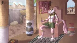  anthro carpet chair clothed clothing desert digital_media_(artwork) egyptian egyptian_clothing egyptian_mythology female fur furniture gold_(metal) hi_res jewelry mew_azunel middle_eastern_mythology mythology on_chair outside pyramid sergal sitting sitting_on_chair smile solo tail teremunart 