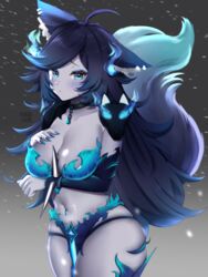  ahoge animal_ears arm_under_breasts artist_name bikini black_bracelet black_choker black_hair blue_bikini blue_eyes blue_nails blush bracelet breasts choker commission cowboy_shot dog_ears dog_girl dog_mask dog_tail earrings female fingernails indie_virtual_youtuber jewelry long_hair mask_on_shoulder navel navel_piercing nikkie_viore piercing sharp_fingernails solo spiked_bracelet spikes spite_(vtuber) spite_(vtuber)_(2nd_costume) swimsuit tail virtual_youtuber 