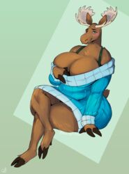  2023 anthro antlers big_breasts blue_clothing blue_sweater blue_topwear blush bra_strap breasts brown_body brown_fur clothing crossed_legs deer female fur gerry_(mcdoogiy) hi_res hooves horn huge_breasts looking_at_viewer mammal moose new_world_deer oversized_clothing overweight overweight_female signature simple_background sitting slightly_chubby slightly_chubby_female snout solo sweater tail thick_thighs topwear tugging_clothing twistedteeth twitter_handle 