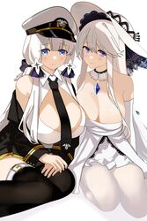  2girls absurdres azur_lane black_coat black_necktie blue_gemstone breasts cleavage cleavage_cutout clothing_cutout coat cosplay costume_switch dress elbow_gloves enterprise_(azur_lane) enterprise_(azur_lane)_(cosplay) fs_(sdamsd21321) gem gloves hat highres illustrious_(azur_lane) illustrious_(azur_lane)_(cosplay) large_breasts long_hair military_hat mole mole_under_eye multiple_girls necktie open_clothes open_coat own_hands_together peaked_cap purple_eyes seiza shirt sitting sleeveless sleeveless_shirt strapless strapless_dress sun_hat thighhighs white_dress white_gloves white_hair white_headwear 