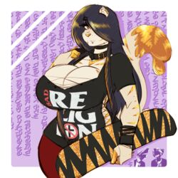  1:1 alternative_fashion anthro anuki bad_religion big_breasts breasts cleavage clothed clothing emo felid female foray_sol graphic_tee hair hi_res huge_breasts long_hair mammal pantherine skateboard solo tiger vehicle y2k_(graphic_design) 