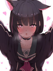  absurdres animal_ears black_hair black_jacket blue_archive blush cat_ears colored_inner_hair extra_ears female halo heart heart-shaped_pupils highres hood hood_down hooded_jacket jacket kazusa_(blue_archive) long_sleeves looking_at_viewer multicolored_hair open_mouth pink_hair pink_halo red_eyes short_hair simple_background solo symbol-shaped_pupils upper_body white_background yunon_oto_mad 