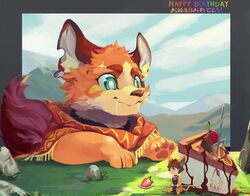  anthro bodily_fluids brown_ears cake canid canine cutlery dessert drooling duo feral food fork fox fruit fur grass green_eyes head_tuft hi_res juncos_(jayfeath3r) kemono kitchen_utensils macro male mammal micro nekokaii orange_body orange_fur plant rock saliva spoon strawberry tools tuft 