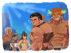  2girls 3boys abs amatsumara_(housamo) animal_ears arachne_(housamo) bahamut_(bahamunoaka9) bara brown_hair brown_male_swimwear chest_harness commentary cow_boy cow_ears cow_horns eye_black facial_hair fiery_horns forked_eyebrows glowing_horns goatee harness horns inset_border large_pectorals male_focus male_swimwear mature_male multiple_boys multiple_girls muscular muscular_male official_alternate_costume old old_man one_eye_closed pectorals perspective short_hair sidepec sparkling_aura spiked_hair suzuka_(housamo) symbol-only_commentary thick_arms thick_eyebrows tokyo_afterschool_summoners topless_male upper_body wakan_tanka wakan_tanka_(fashionista_swimsuit) yellow_eyes zabaniyya_(fashionista_swimsuit)_(housamo) zabaniyya_(housamo) 