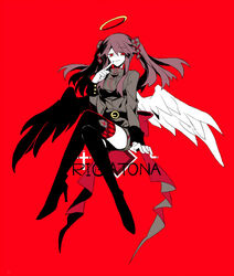  ahoge angel angel_wings belt black_belt black_footwear boots brown_hair cross crossed_legs diamond_(shape) evil_smile feathered_wings female finger_to_mouth funamusea haiiro_teien halo high_heel_boots high_heels looking_at_viewer medium_hair military_uniform nuuunuuu pencil_skirt red_background red_eyes red_ribbon red_thighhighs ribbon rigatona_(funamusea) sidelocks skirt smile thigh_boots thighhighs twintails uniform white_wings wings 