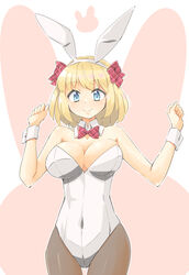  alice_margatroid animal_ears arnest bare_shoulders black_pantyhose blonde_hair blue_eyes bow bowtie breasts cleavage covered_navel detached_collar fake_animal_ears female hairbow highres large_breasts leotard looking_at_viewer multiple_hair_bows pantyhose plaid plaid_bow plaid_bowtie plaid_hair_ornament playboy_bunny rabbit_ears short_hair smile strapless strapless_leotard touhou white_leotard wrist_cuffs 