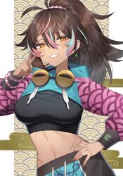  absurdres aotake_iro aqua_hair blush bracelet breasts brown_eyes brown_hair crop_top cropped_hoodie earrings female hair_between_eyes hand_on_own_hip highres hood hood_down hoodie indie_virtual_youtuber jewelry long_hair midriff multicolored_clothes multicolored_hoodie neon_harper neon_harper_(1st_costume) pink_hair pink_sleeves ponytail second-party_source smile solo tan v virtual_youtuber 