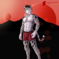  1:1 abs absurd_res anthro biceps blue_eyes bottomwear bulge clothing felid feline fur hi_res male mammal markings muscular pantherine presenting_body red_bottomwear red_clothing red_shorts shorts snow_leopard solo spots spotted_body spotted_fur spotted_markings spotted_tail tail tail_markings teremunart unknown_character 